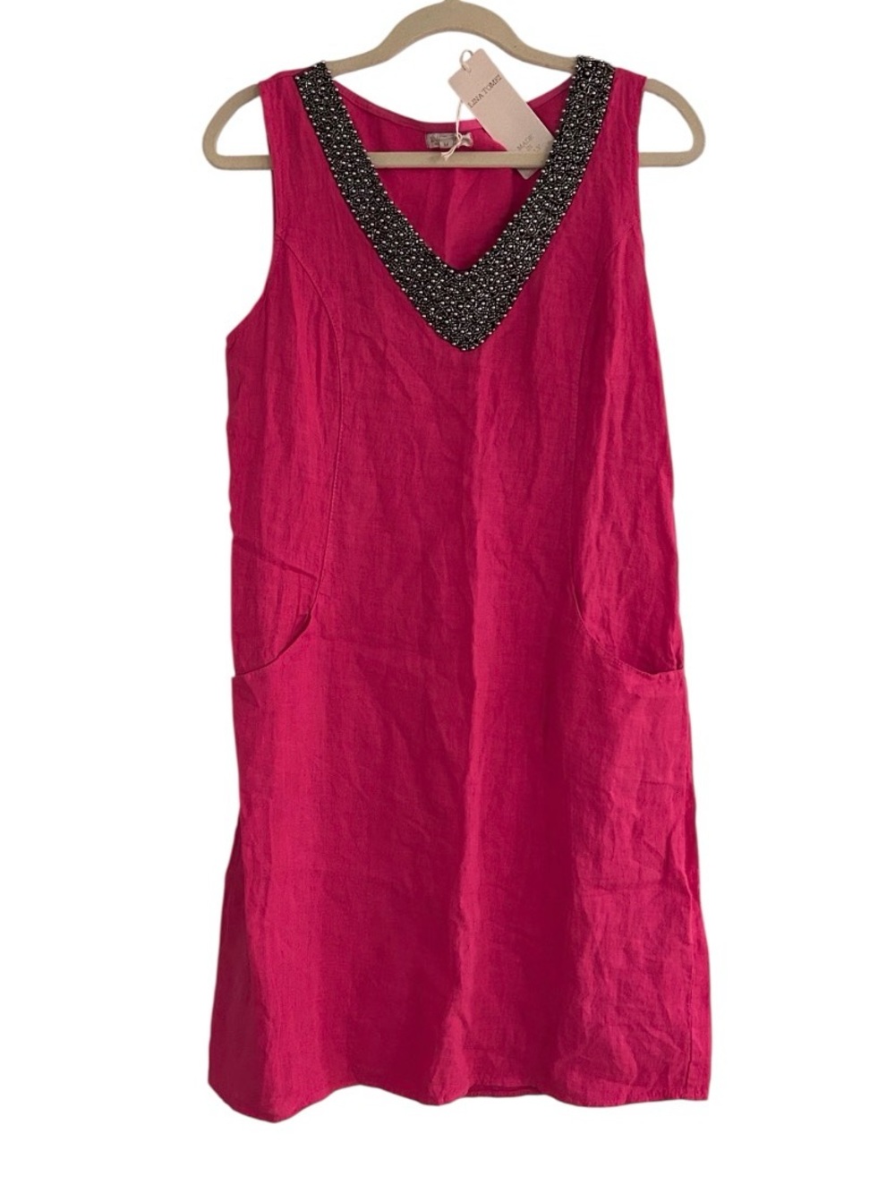 Lina Tomei Sleeveless Mini Dress Linen Pink V-Neck Size Medium NEW With Tags
